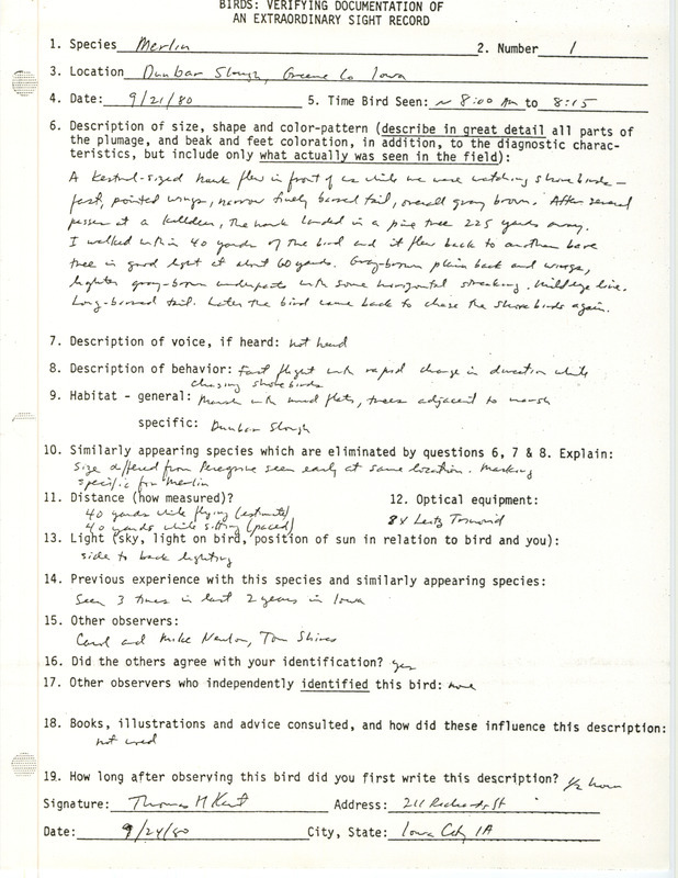 Rare bird documentation form for a Merlin at Dunbar Slough in Greene County, IA on September 21, 1980.