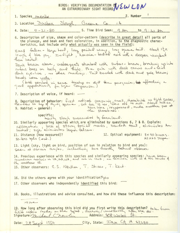 Rare bird documentation form for a Merlin at Dunbar Slough in Greene County, IA on September 21, 1980.