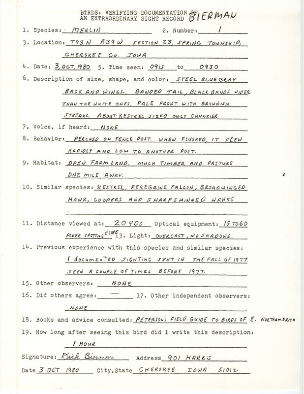 Rare bird documentation form for a Merlin at Spring Township in Cherokee County, IA on October 3, 1980.