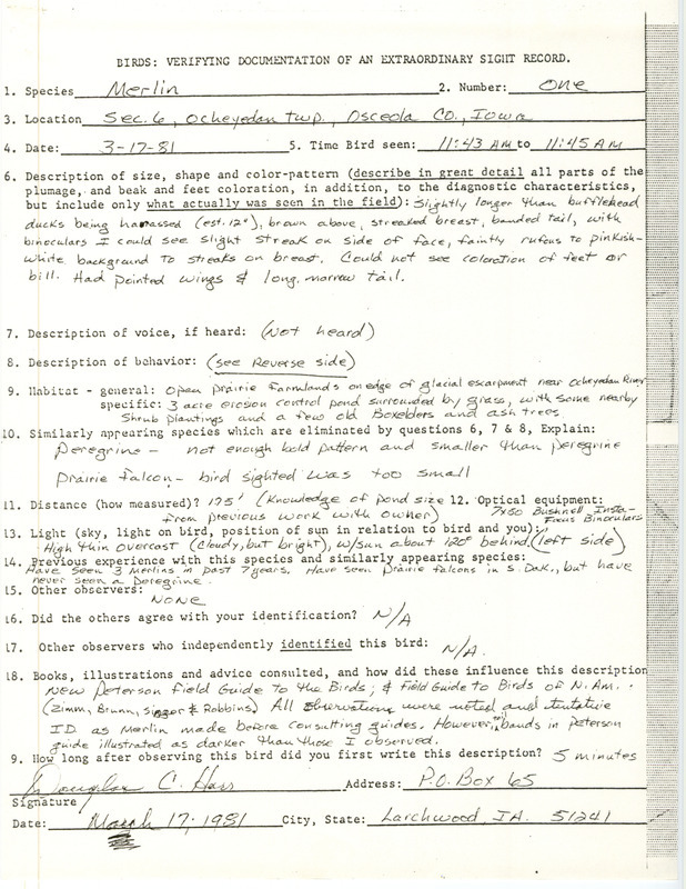 Rare bird documentation form for a Merlin at Ocheyedan Township in Osceola County, IA on March 17, 1981.