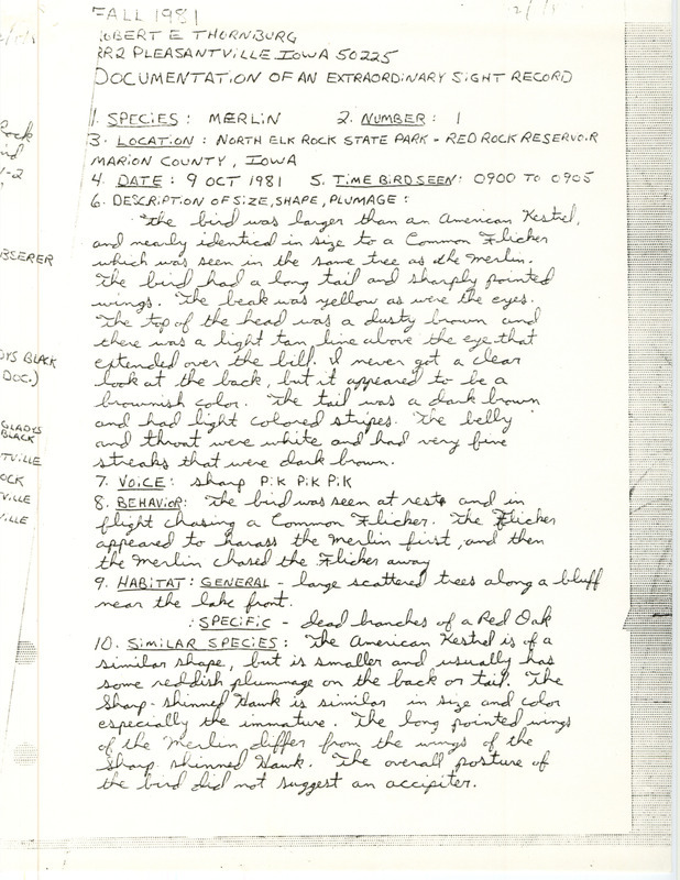 Rare bird documentation form for a Merlin at North Elk Rock State Park at Red Rock Reservoir in Marion County, IA on October 9, 1981.