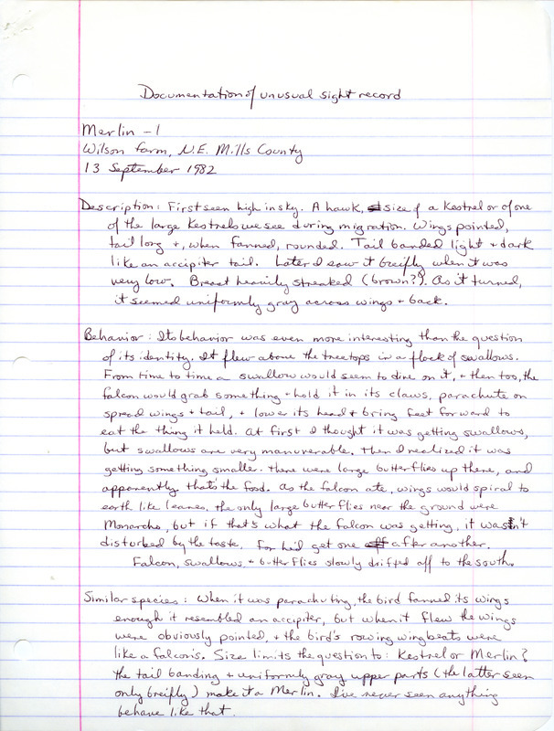 Rare bird documentation form for a Merlin at Wilson farm in Northeast Mills County, IA on September 13, 1982.