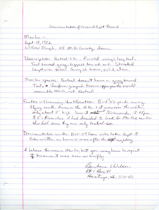 Rare bird documentation form for a Merlin at Willow Slough in Mills County, IA on September 18, 1982.