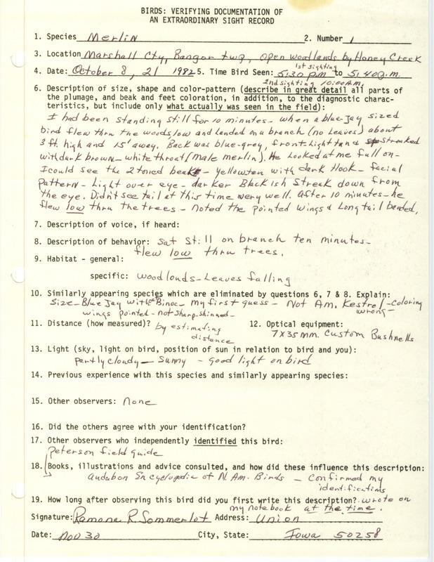 Rare bird documentation form for a Merlin at Bangor Township in Marshall County, IA on October 8 and 21, 1982.