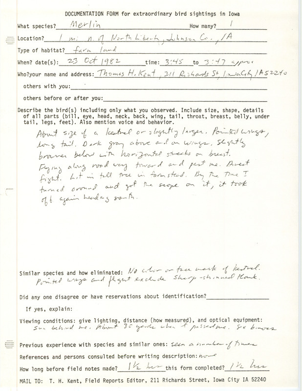 Rare bird documentation form for a Merlin at North Liberty in Johnson County, IA on October 23, 1982.