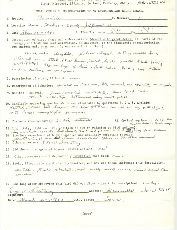 Rare bird documentation form for a Merlin at Jefferson Township in Madison County, IA on March 15, 1983.