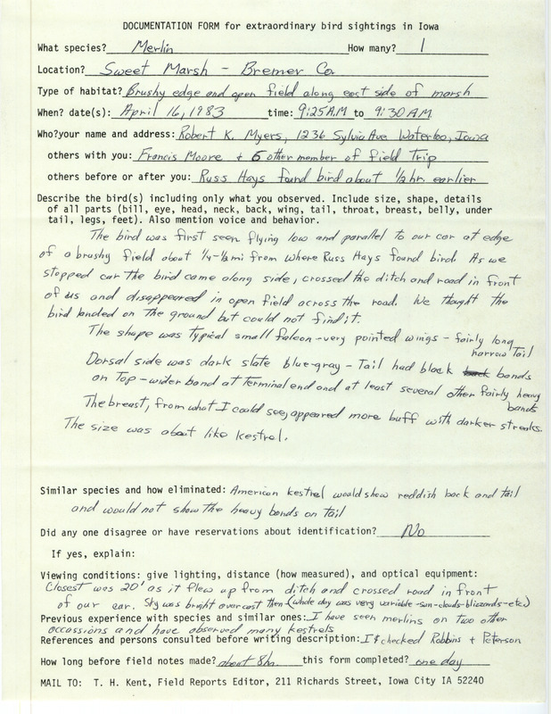 Rare bird documentation form for a Merlin at Sweet March in Bremer County, IA on April 16, 1983.