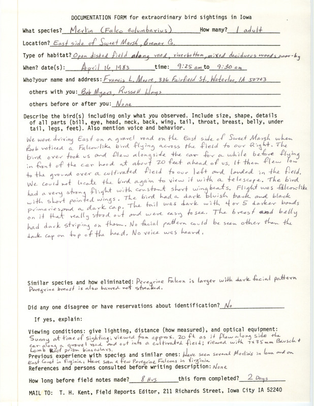 Rare bird documentation form for a Merlin east side of Sweet March in Bremer County, IA on April 16, 1983.