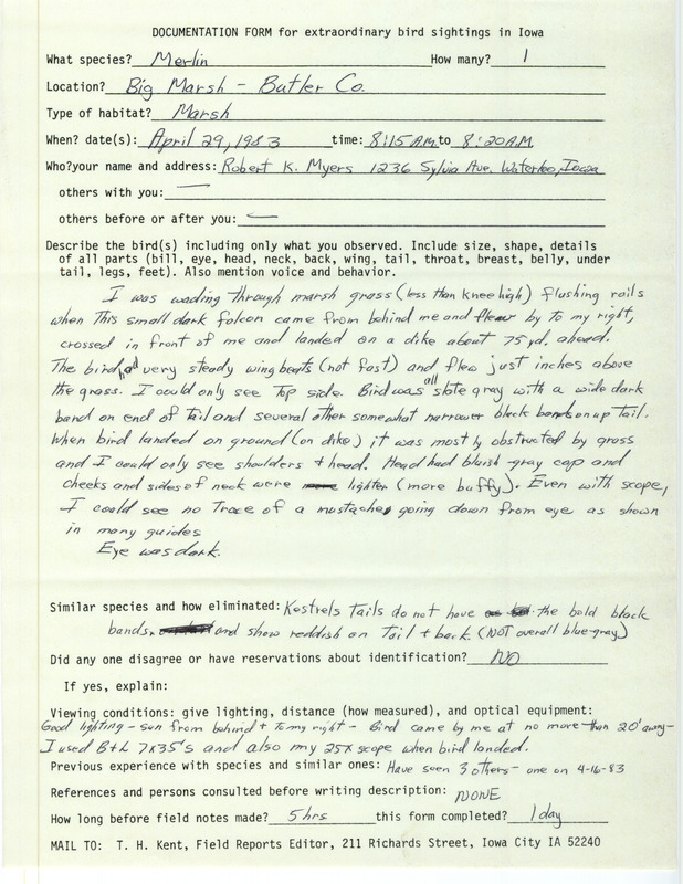 Rare bird documentation form for a Merlin at Big March in Butler County, IA on April 29, 1983.