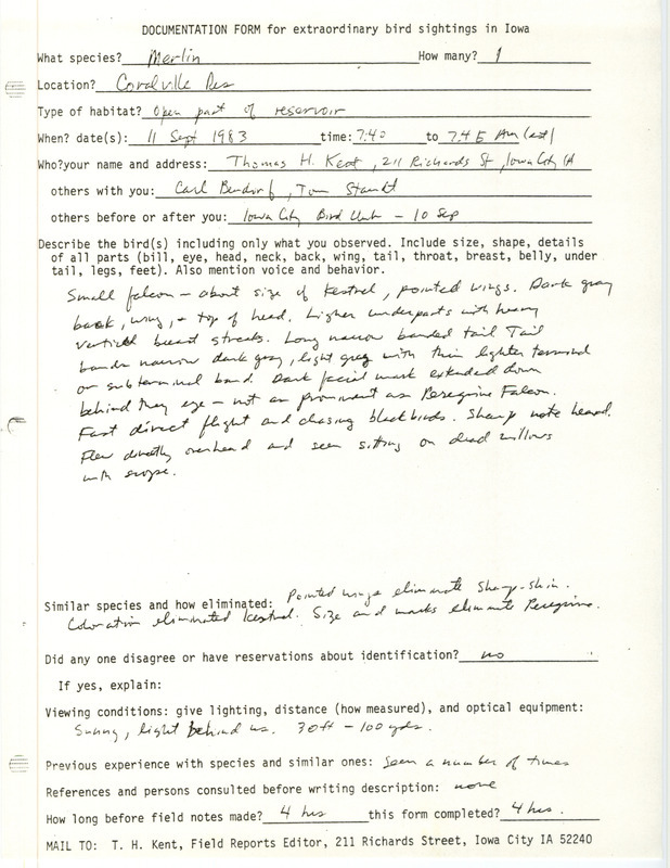 Rare bird documentation form for a Merlin at Coralville Reservoir in Johnson County, IA on September 11, 1983.