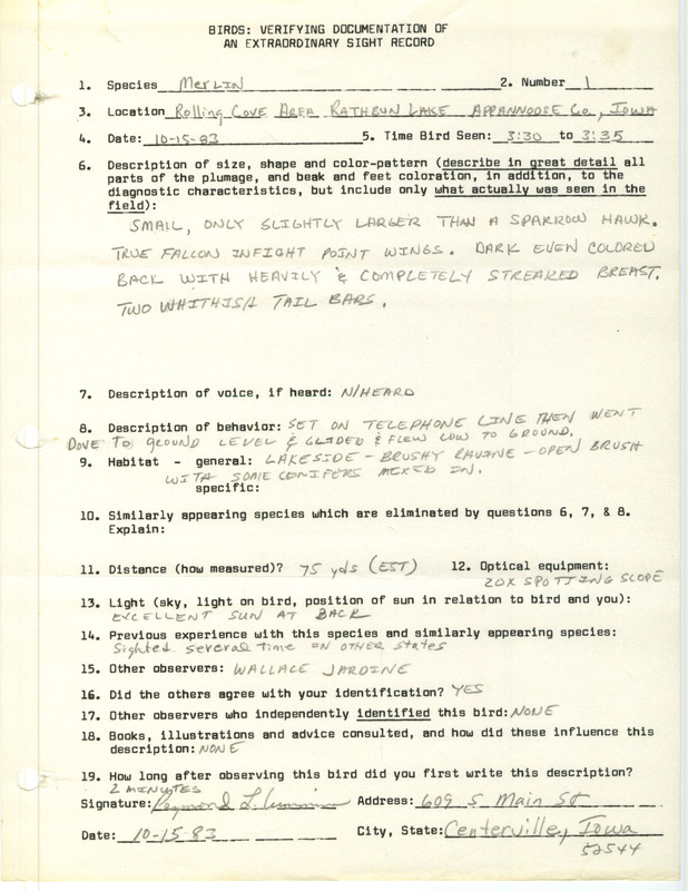 Rare bird documentation form for a Merlin at Rolling Cove Area at Rathbun Lake in Appanoose County, IA on October 15, 1983.