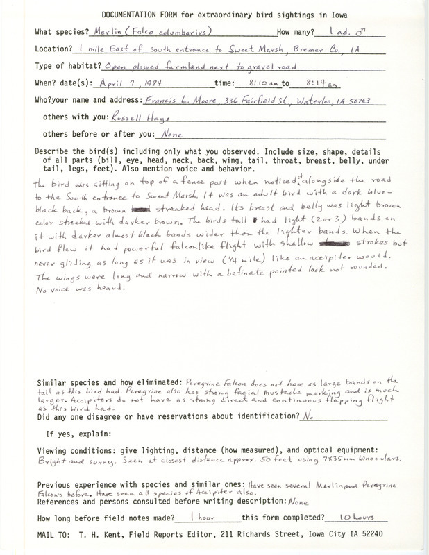 Rare bird documentation form for a Merlin east of Sweet March in Bremer County, IA on April 7, 1984.