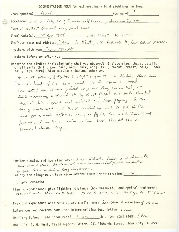 Rare bird documentation form for a Merlin east of Fairview Golf Course in Iowa City in Johnson County, IA on April 15, 1984.