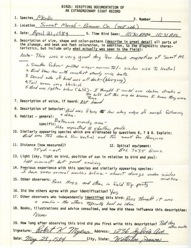 Rare bird documentation form for a Merlin at Sweet March in Bremer County, IA on April 21, 1984.