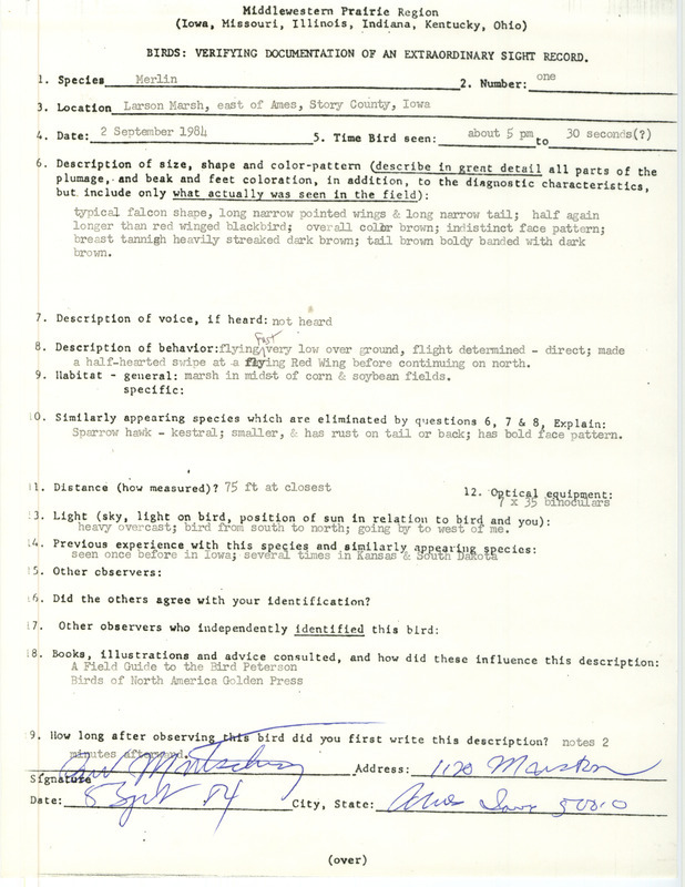 Rare bird documentation form for a Merlin at Larson March in Ames in Story County, IA on September 2, 1984.