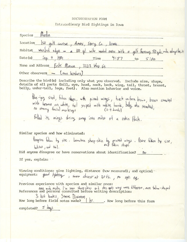 Rare bird documentation form for a Merlin at ISU golf course in Ames in Story County, IA on September 4, 1984.