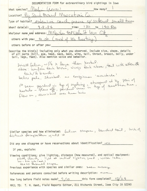 Rare bird documentation form for a Merlin at Big Sand Mound in Muscatine County, IA on September 8, 1984.