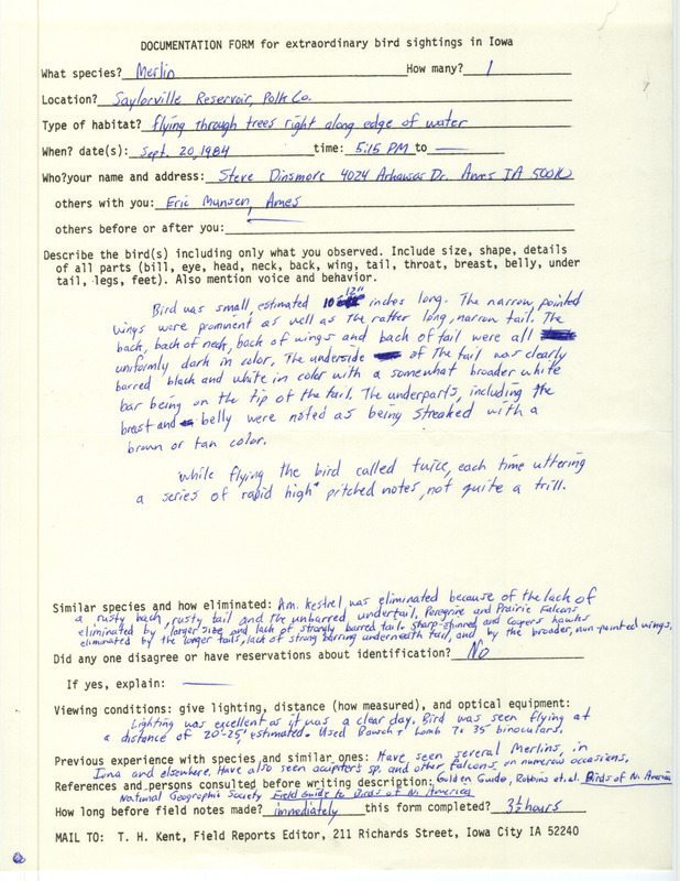 Rare bird documentation form for a Merlin at Saylorville Reservoir in Polk County, IA on September 20, 1984.