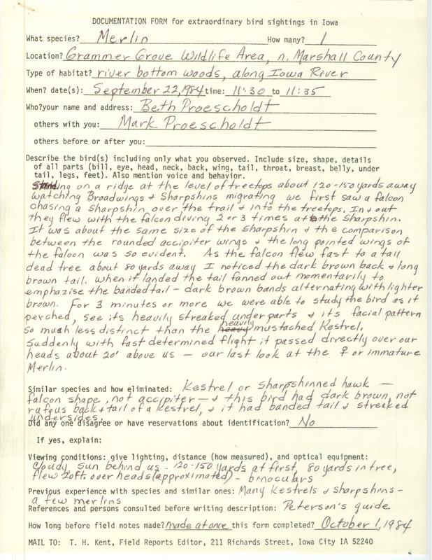 Rare bird documentation form for a Merlin at Grammer Grove Wildlife Area in Marshall County, IA on September 22, 1984.