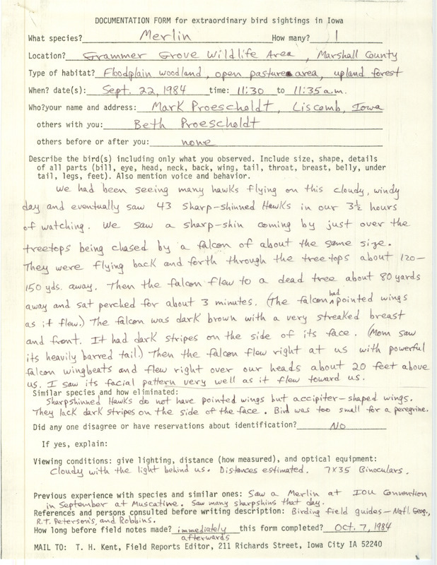 Rare bird documentation form for a Merlin at Grammer Grove Wildlife Area in Marshall County, IA on September 22, 1984.