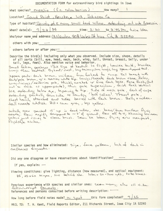 Rare bird documentation form for a Merlin at Sand Point in Hawkeye Wildlife Area in Johnson County, IA on September 23, 1984.