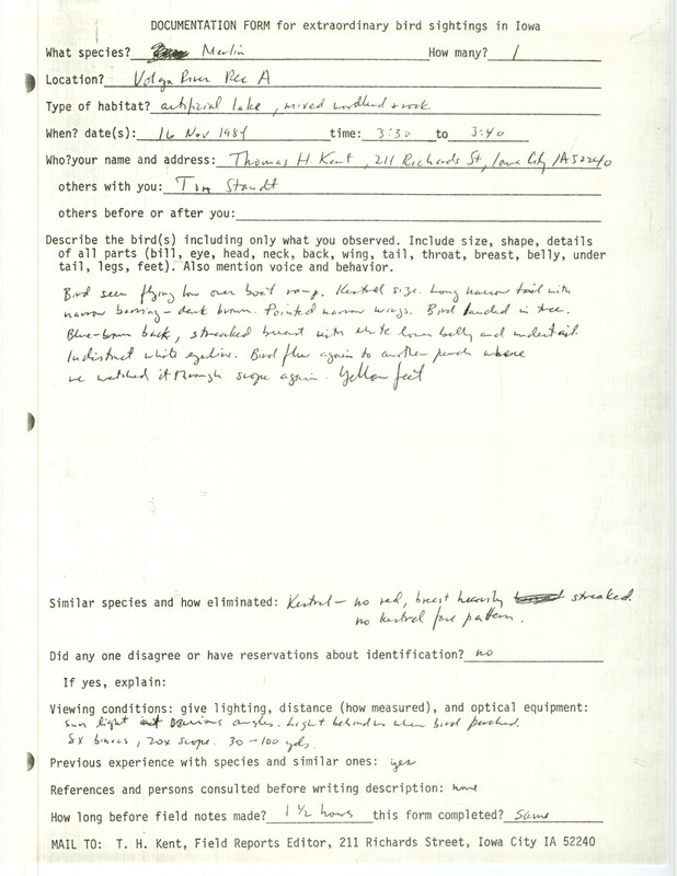 Rare bird documentation form for a Merlin at Volga River Recreation Area in Fayette County, IA on November 16, 1984.