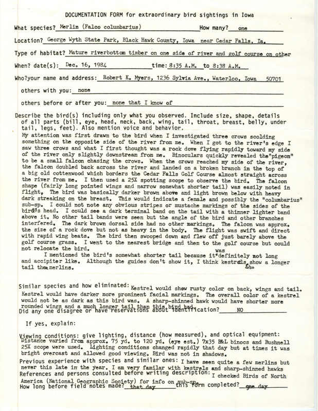 Rare bird documentation form for a Merlin at George Wyth State Park in Black Hawk County, IA on December 16, 1984.