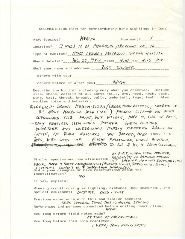 Rare bird documentation form for a Merlin at Farragut in Fremont County, IA on December 28, 1984.