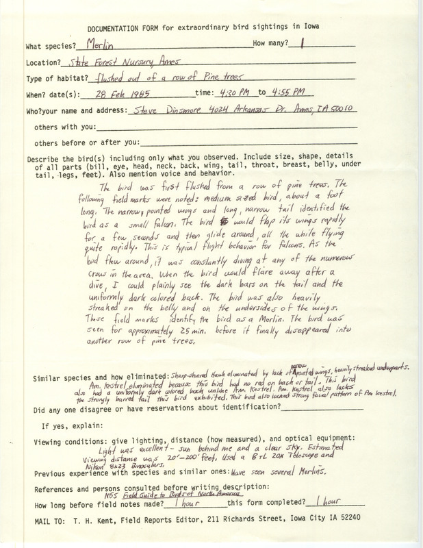 Rare bird documentation form for a Merlin at State Forest Nursery in Ames in Story County, IA on February 28, 1985.