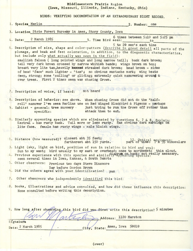 Rare bird documentation form for a Merlin at State Forest Nursery in Ames in Story County, IA on March 2, 1985.