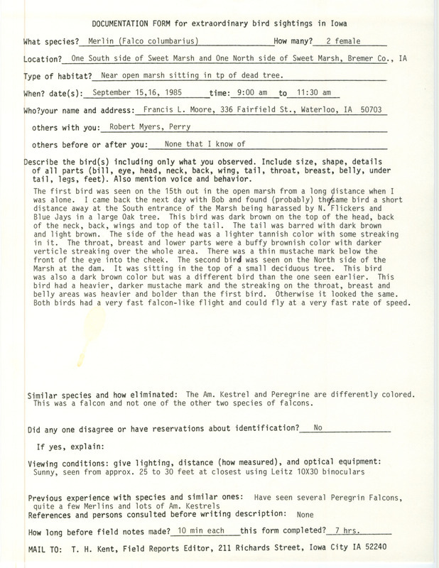 Rare bird documentation form for two Merlins at Sweet March in Bremer County, IA on September 15 and 16, 1985.