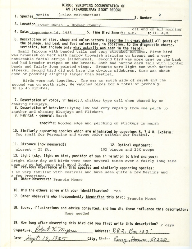 Rare bird documentation form for two Merlins at Sweet March in Bremer County, IA on September 16, 1985.