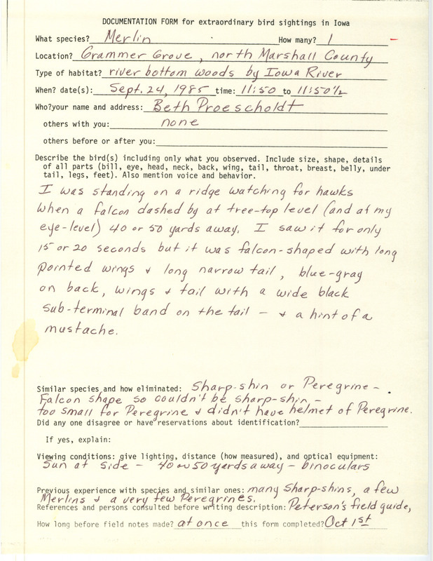 Rare bird documentation form for a Merlin at Grammer Grove in Marshall County, IA on September 24, 1985.