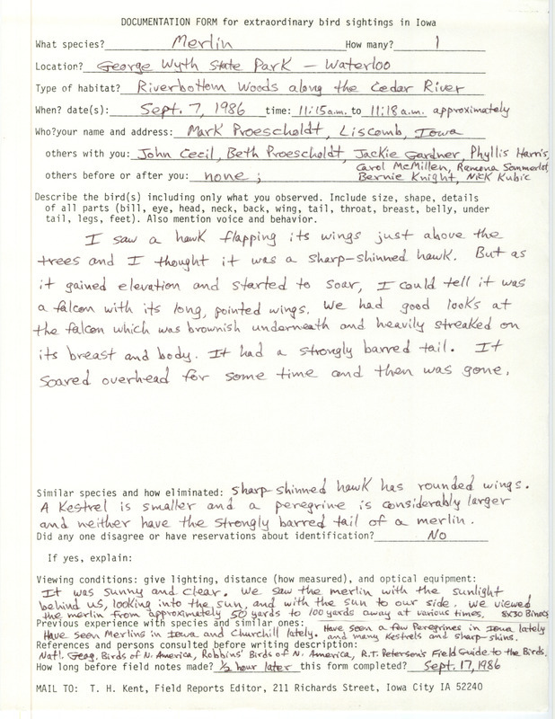 Rare bird documentation form for a Merlin at George Wyth State Park in Black Hawk County, IA on September 7, 1986.