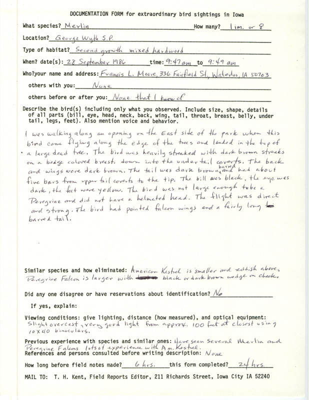 Rare bird documentation form for a Merlin at George Wyth State Park in Black Hawk County, IA on September 28, 1986.