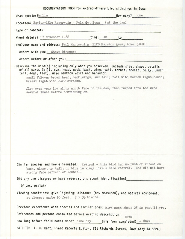 Rare bird documentation form for a Merlin at Saylorville Reservoir in Polk County, IA on November 27, 1986.