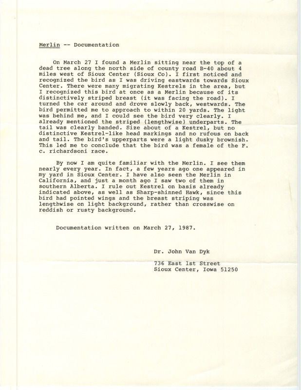 Rare bird documentation form for a Merlin at Sioux Center in Sioux County, IA on March 27, 1987.