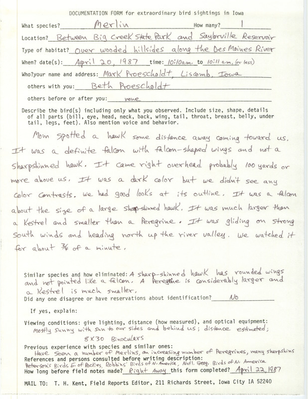 Rare bird documentation form for a Merlin between Big Creek State Park and Saylorville Reservoir in Polk County, IA on April 20, 1987.