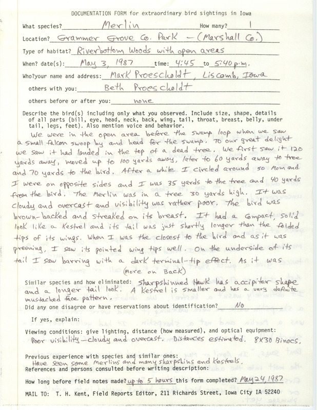 Rare bird documentation form for a Merlin at Grammer Grove Wildlife Area in Marshall County, IA on May 3, 1987.