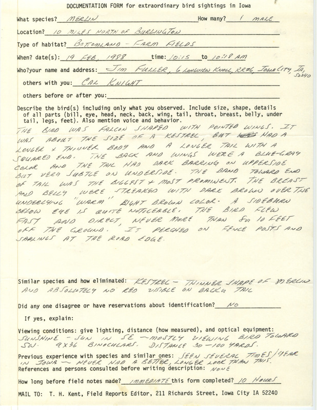 Rare bird documentation form for a Merlin north of Burlington in Des Moines County, IA on February 19, 1988.