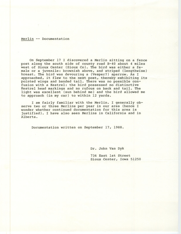 Rare bird documentation form for a Merlin west of Sioux Center in Sioux County, IA on September 17, 1988.