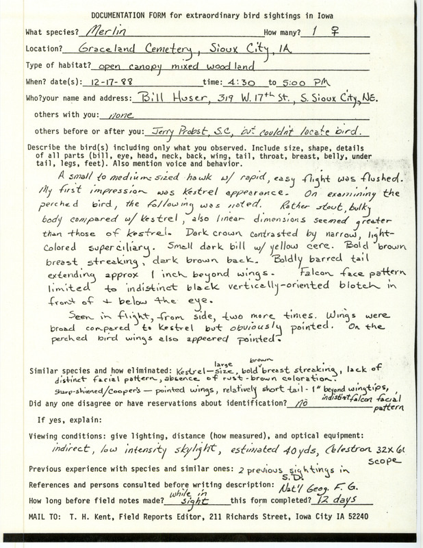 Rare bird documentation form for a Merlin at Graceland Cemetery in Sioux City in Woodbury County, IA on December 17, 1988.