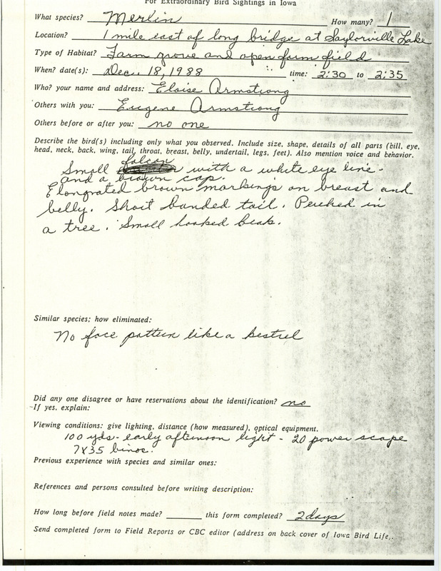 Rare bird documentation form for a Merlin at Saylorville Lake in Polk County, IA on December 18, 1988.