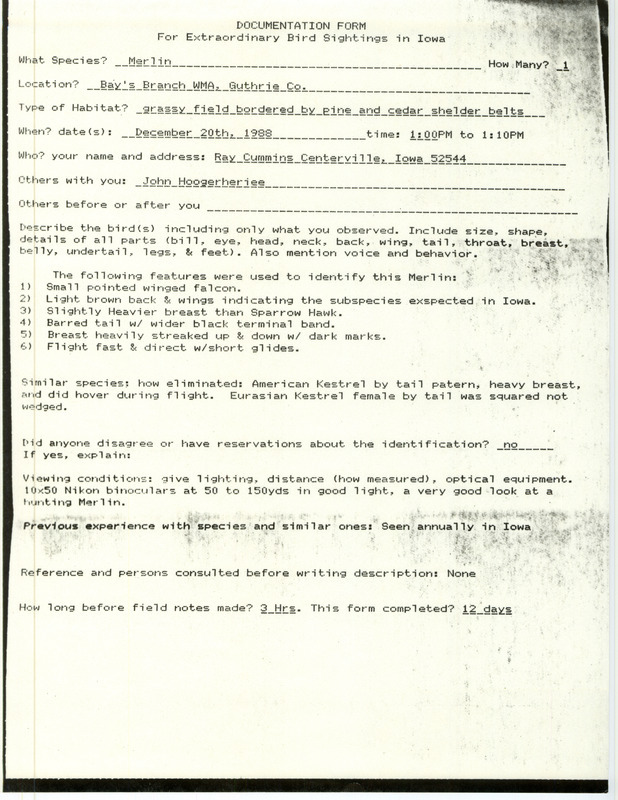 Rare bird documentation form for a Merlin at Bay's Branch Wildlife Management Area in Guthrie County, IA on December 20, 1988.