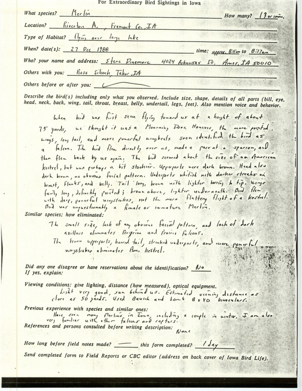 Rare bird documentation form for a Merlin at Riverton Area in Fremont County, IA on December 27, 1988.