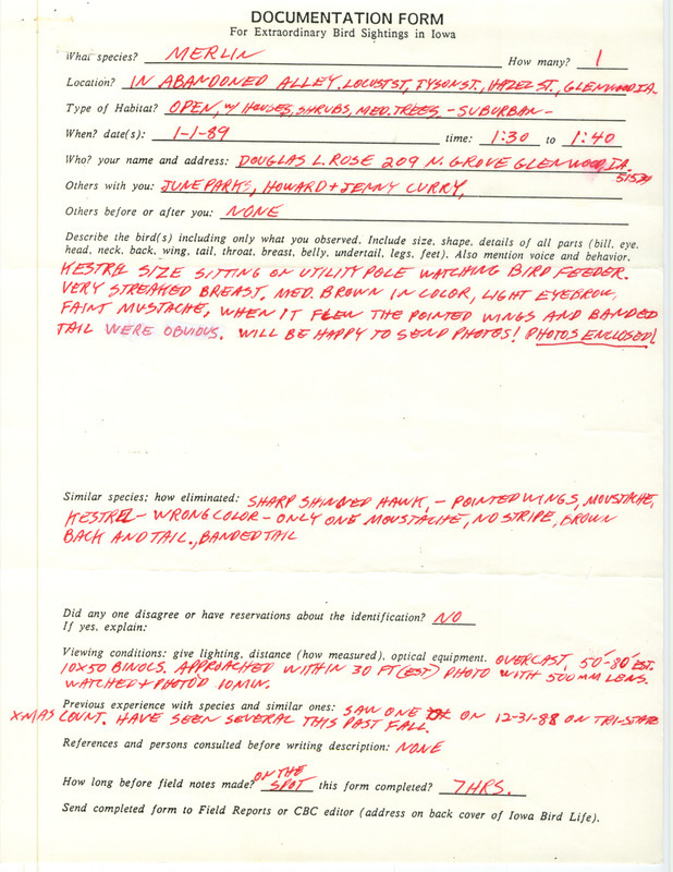 Rare bird documentation form for a Merlin at Glenwood in Mills County, IA on January 1, 1989.