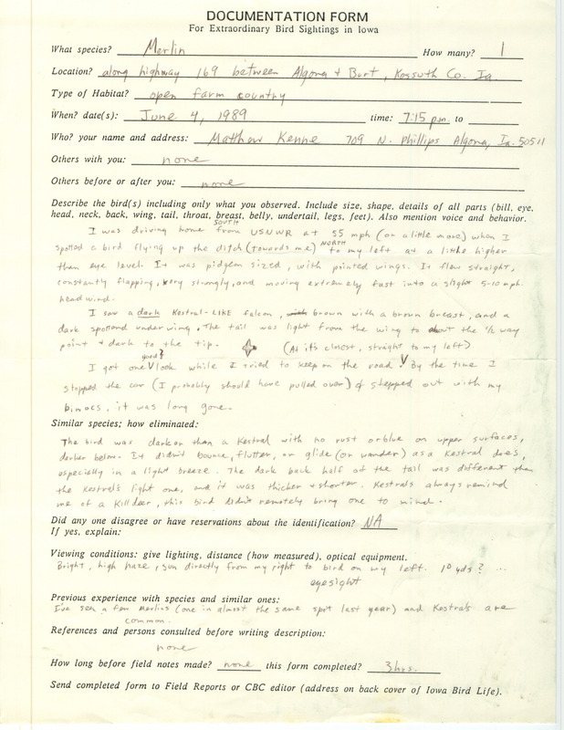 Rare bird documentation form for a Merlin along highway 169 between Algona and Burt in Kossuth County, IA on June 4, 1989.