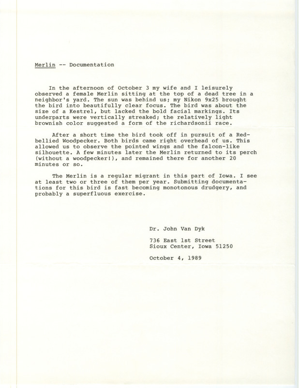 Rare bird documentation form for a Merlin at Sioux Center in Sioux County, IA on October 3, 1989.