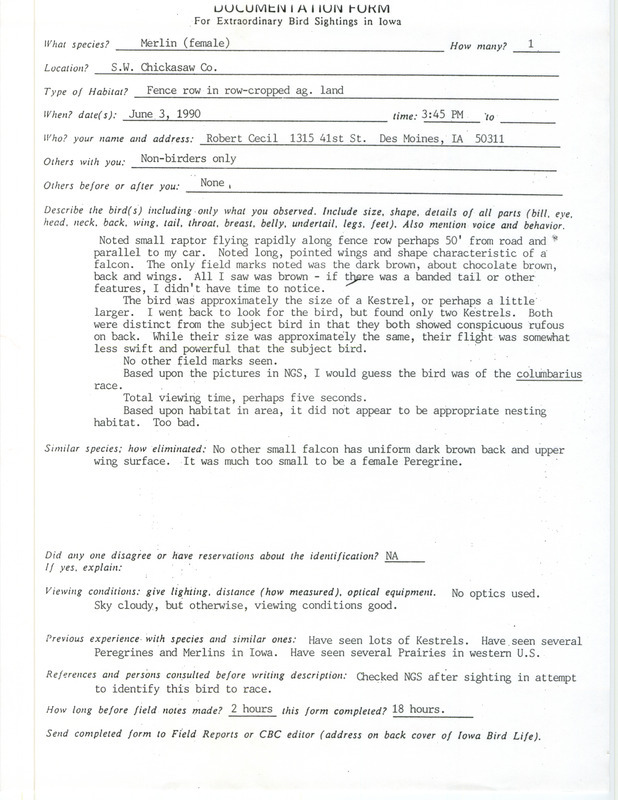 Rare bird documentation form for a Merlin at southwest Chickasaw County, IA on June 3, 1990.