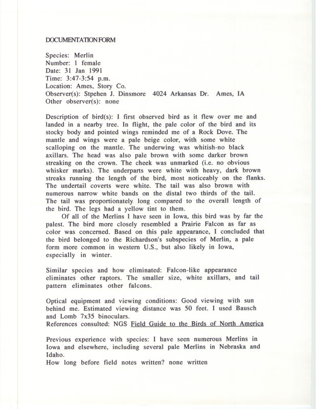 Rare bird documentation form for a Merlin at Ames in Story County, IA on January 31, 1991.